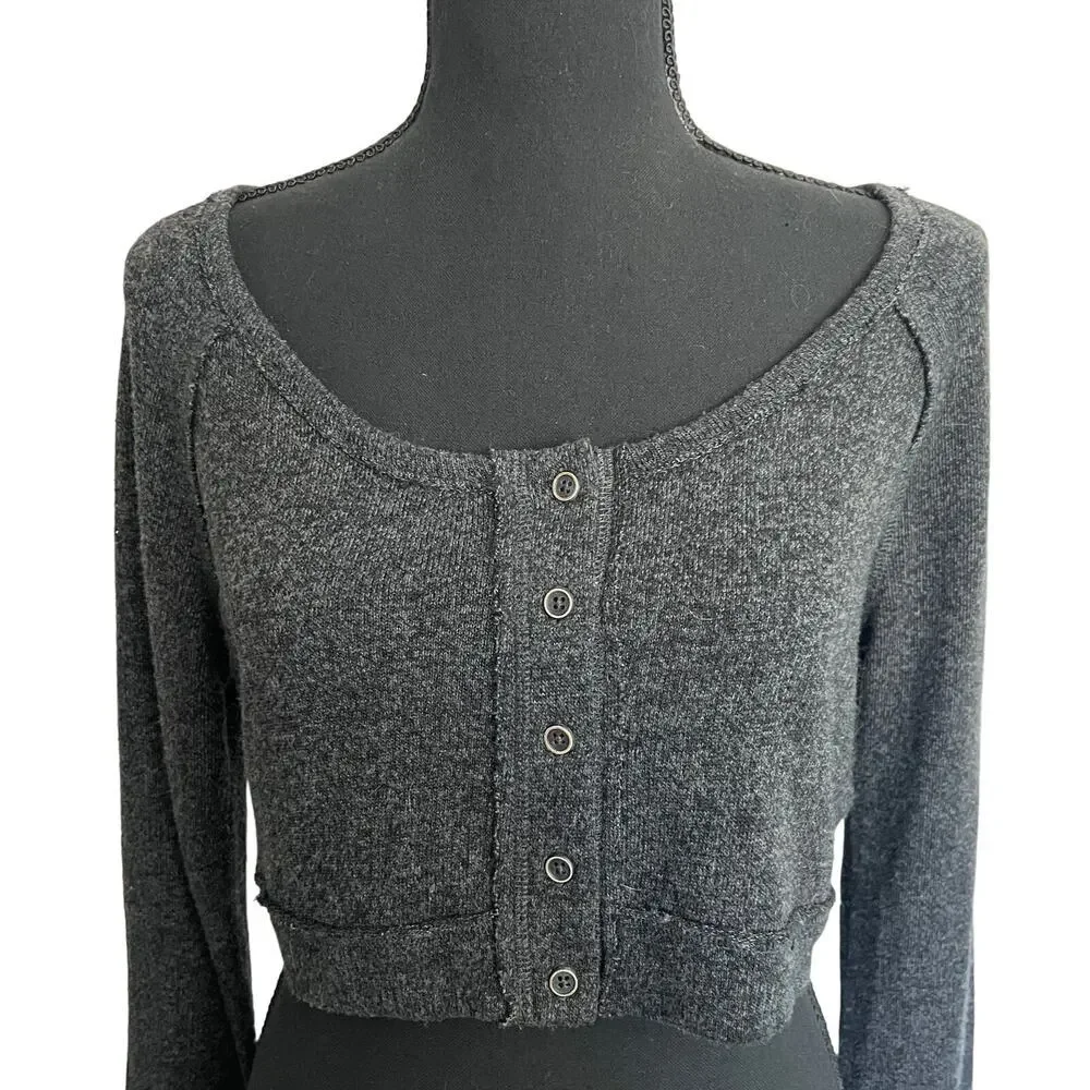 Free People Dark Heathered Gray Crop Long Sleeve Lace Snap Front Top - Small